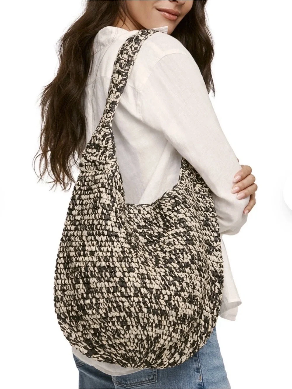 Banana Republic Raffia Tote Bag Black/Ivory Magnetic Closure Lined, Pockets